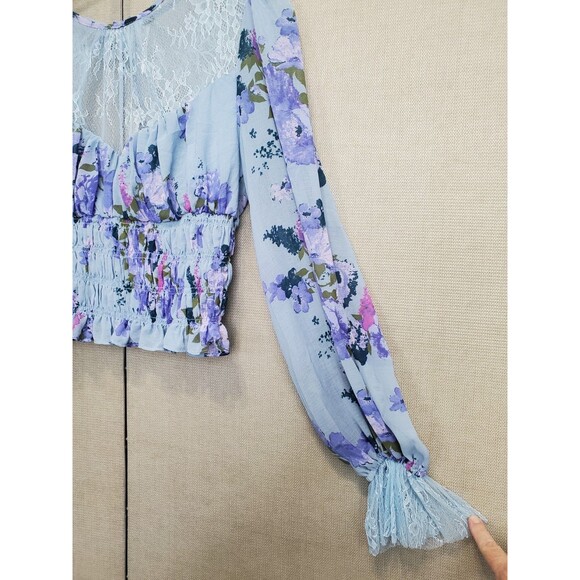 FREE PEOPLE DAPHNE Lace Smocked Cropped Long Sleeve Babydoll Top Blue Small NWT - Picture 2 of 9
